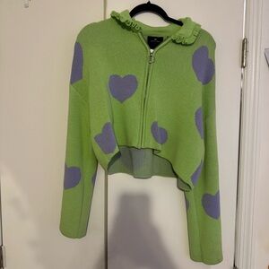 Lazy Oaf Lime Green Zip-Front Cropped Cardigan with Lavender Hearts